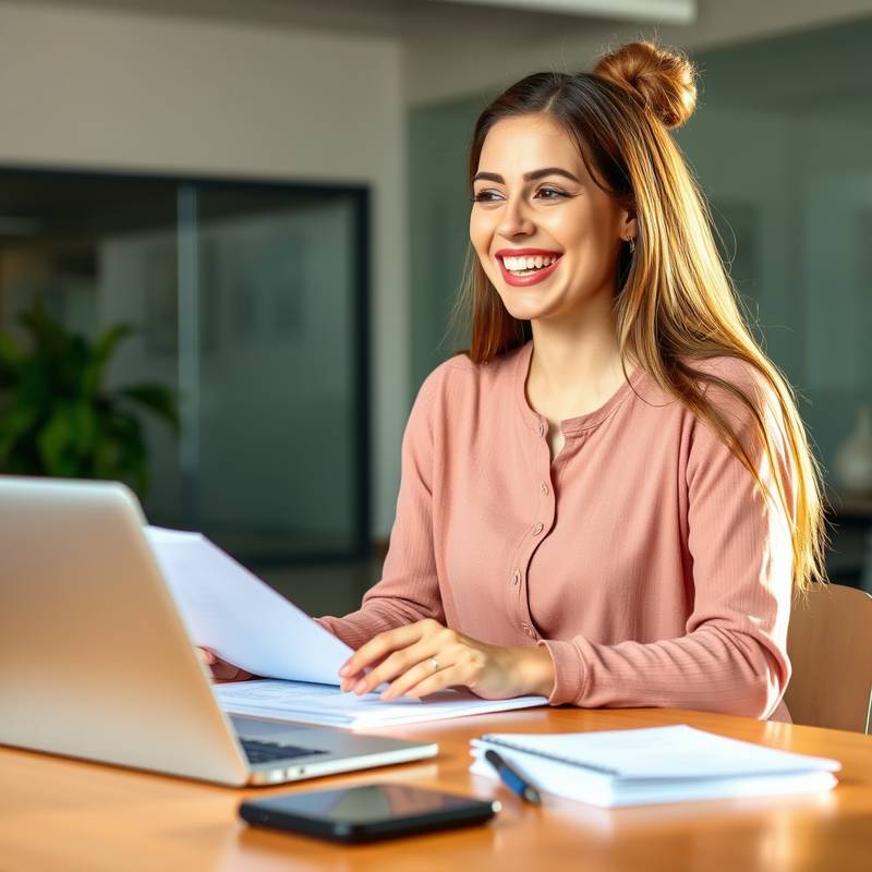 Een jonge vrouw zit aan een bureau, lachend en aantekeningen makend, ter voorbereiding op een sollicitatiegesprek.