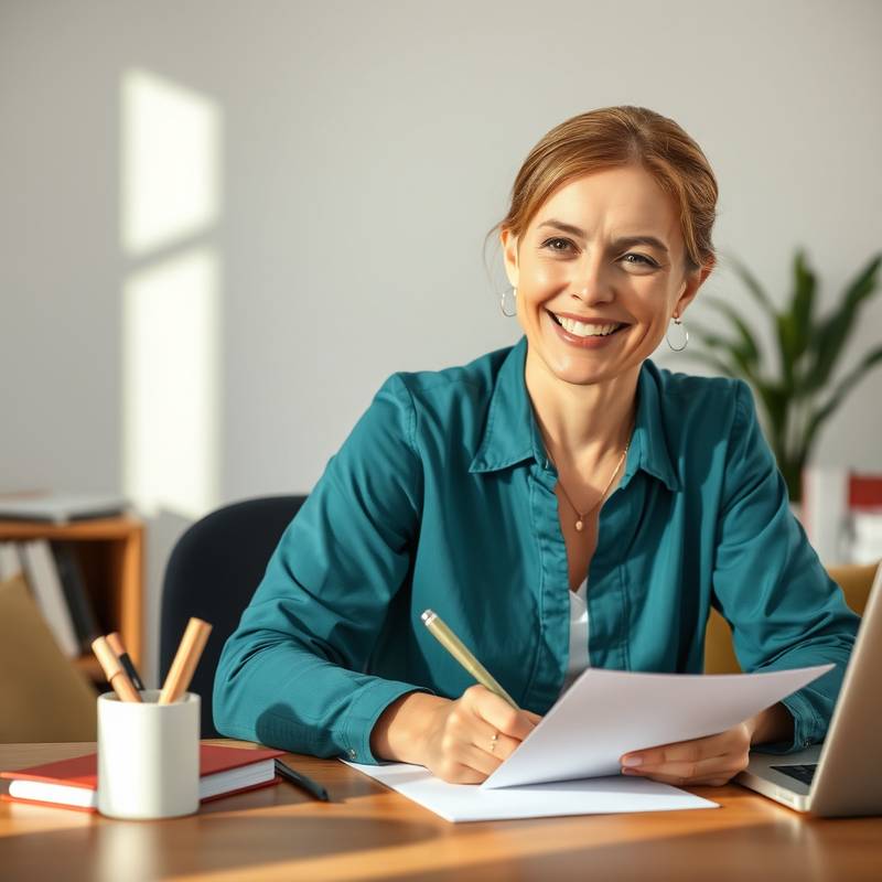 Een vrouw die aan een bureau zit en een bedankbrief schrijft met een glimlach.